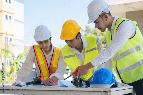 Civil engineer teams meeting working together wear worker helmets hardhat on construction site in modern city. Foreman industry project manager engineer teamwork. Asian industry professional team