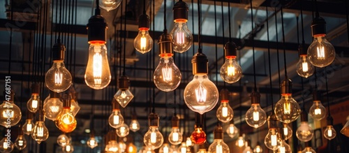 A cluster of retro light bulbs hangs elegantly from the ceiling of a department store, blending modern design with vintage charm.