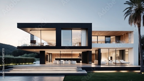 Modern villa with a minimalist exterior, incorporating clean lines and large glass panels