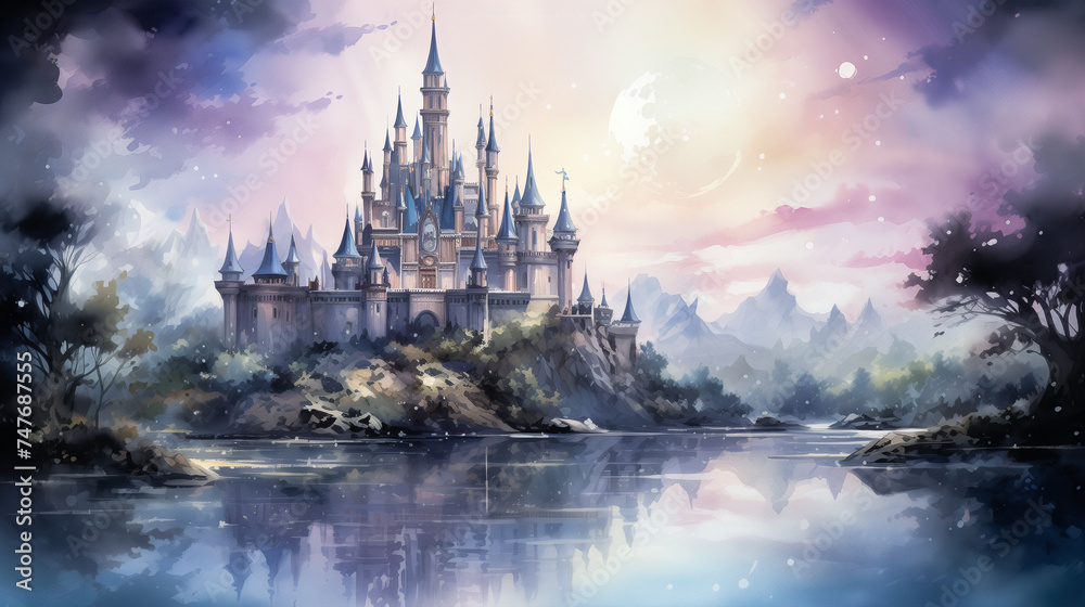 Fantasy digital painting of an enchanted castle by a moonlit lake with a mystical purple and pink sky backdrop. Watercolor painting illustration.
