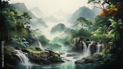 A serene landscape depicting waterfalls amidst misty mountains surrounded by dense  vibrant greenery. Watercolor painting illustration.