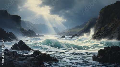 A powerful ocean scene with sunbeams piercing through stormy clouds into the wild coast. Watercolor illustration painting.