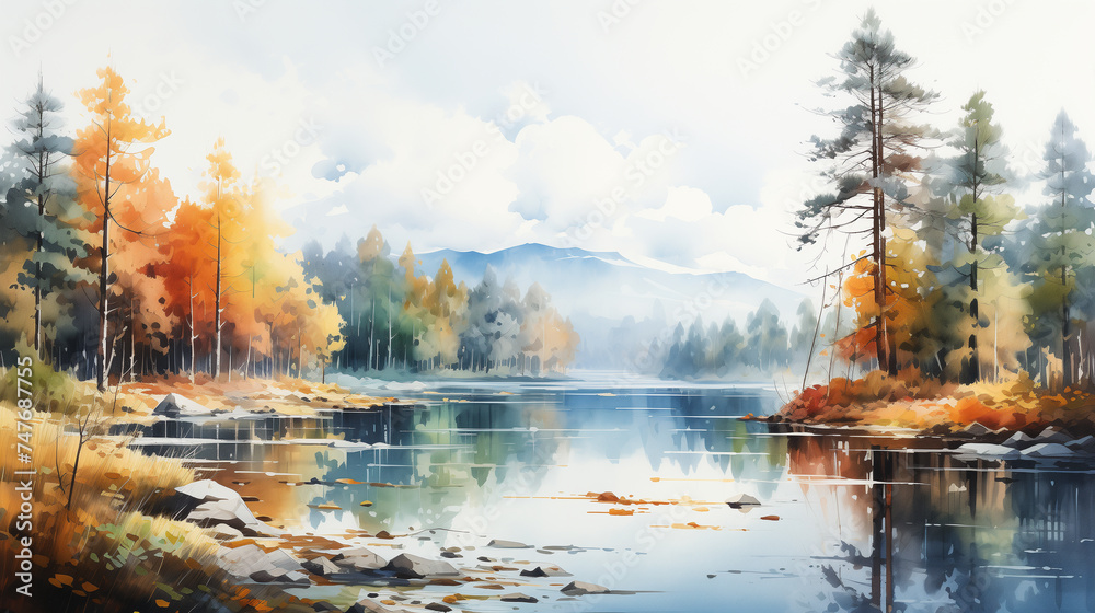 A serene lake reflecting the stunning autumn colors of surrounding trees under a hazy sky, evoking a sense of calm. Watercolor illustration painting.
