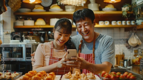 Asian couple bakery shop owner using smartphone with internet vlogging sweet dessert baking on social media together