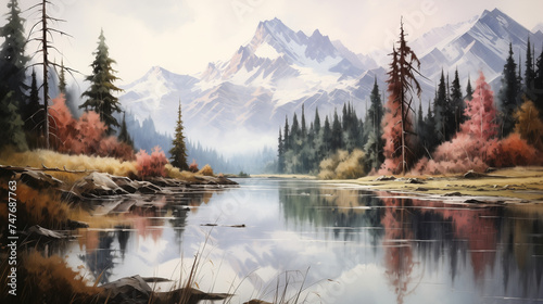 As autumn's colors paint the scenery, a serene river landscape captivates with its reflection of majestic snow-capped mountains and the kaleidoscope of hues from surrounding autumn trees.