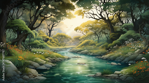 Flowing gently over rocks  a peaceful stream meanders through a lush  green forest  with hazy mountain silhouettes providing a picturesque backdrop.