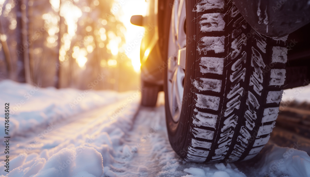 details of car tires in snowy winter