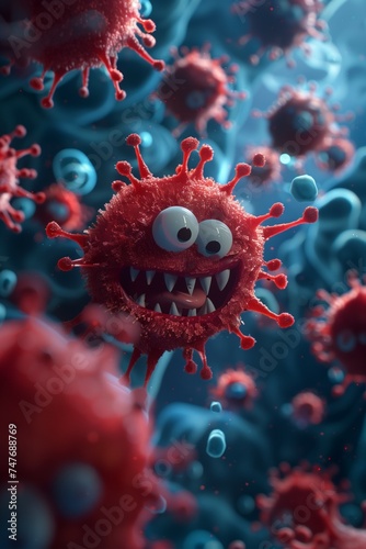 A funny cartoonized virus with a face, AI-generated illustration