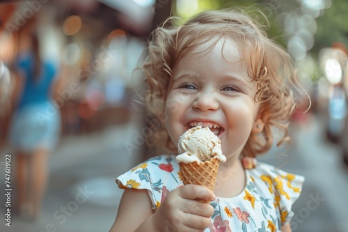 Happy Cute little kid with ice cream  Joyful child enjoying an ice cream