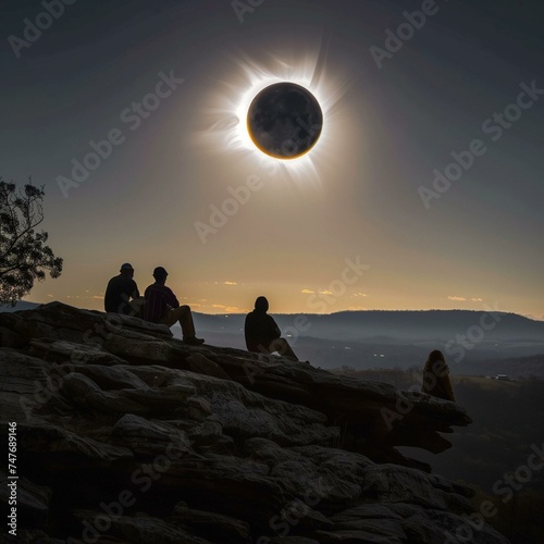 silhouette of a group of people looking solar eclipse