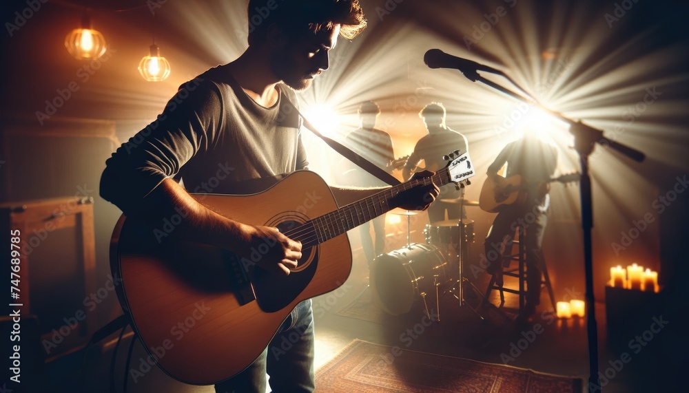 Obraz premium Acoustic Guitar Performance on Intimate Stage.