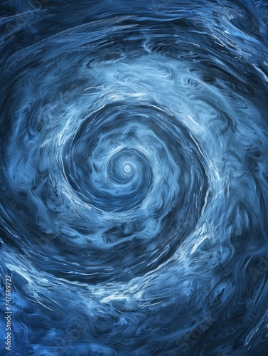 A painting depicting a swirling pattern in various shades of blue against a sky backdrop.