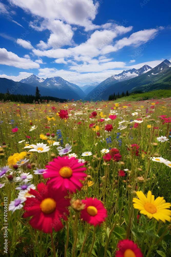 Breathtaking View of a Colorful Wildflower Meadow against the Backdrop of Snow-capped mountains in Alaska