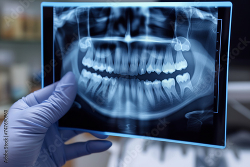 In dentist stomatologist examines x-ray of patient's teeth a jaw. AI Generative