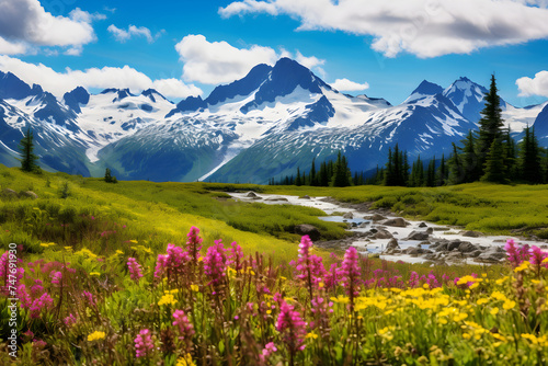 Breathtaking View of a Colorful Wildflower Meadow against the Backdrop of Snow-capped mountains in Alaska
