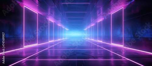 A long corridor illuminated by vibrant neon lights in shades of purple and blue, with a tiled floor and a futuristic feel. The empty space is defined by rectangle-shaped frames of light,