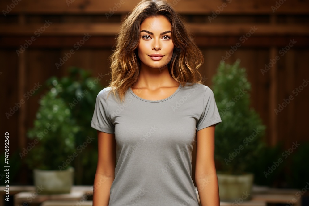 female model wearing a blank mockup gray color bella+canvas 3001 tshirt  