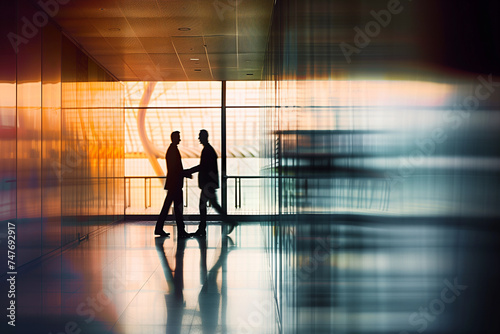 Business Professionals in Silhouette Talking in Modern Office Corridor