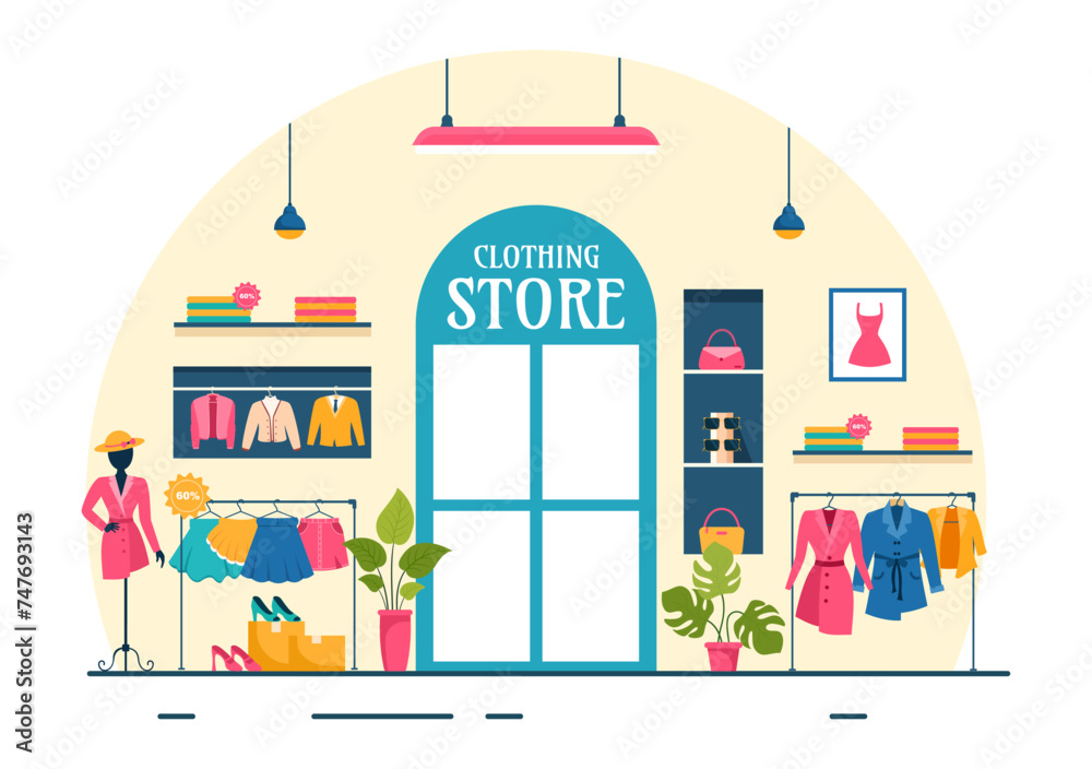 Clothing Store Vector Illustration by Shopping for Clothes or Dresses for Fashion Styles Women or Men in Flat Cartoon Background Design