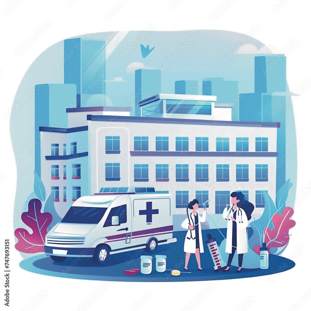 Medical personnel standing near hospital building and ambulance, syringes, stethoscopes and medicine bottles around. Doctor and nurse talking medical clinic concept Vector illustration