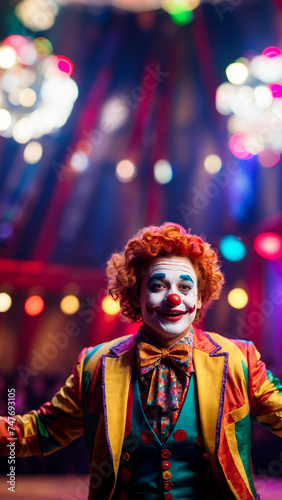 um palhaço multicolorido se apresenta no centro do circo, sob a luz dos holofotes photo
