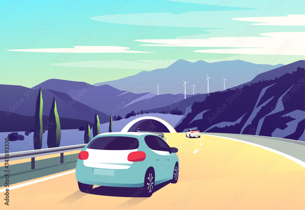 Vector illustration with cars driving along a curving road along the mountains with wind turbines