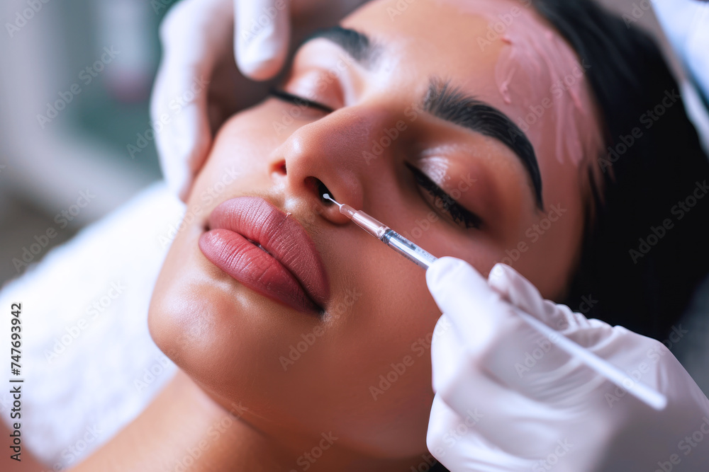 Beautician cosmetologist doing make up for Indian girl in beauty salon Beautician cosmetologist doing make up for Indian girl in beauty salon