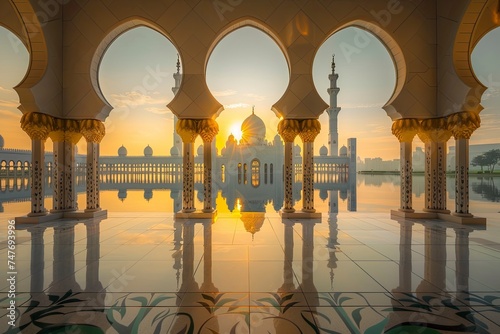 beautiful view of the mosque with the morning sun in the background - generative ai © Nia™