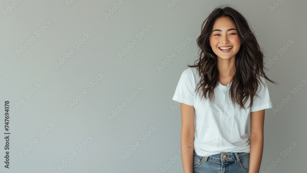 Asian woman wear white t-shirt smile isolated on grey background Asian woman wear white t-shirt smile isolated on grey background