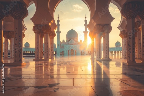 beautiful view of the mosque with the morning sun in the background - generative ai © Nia™