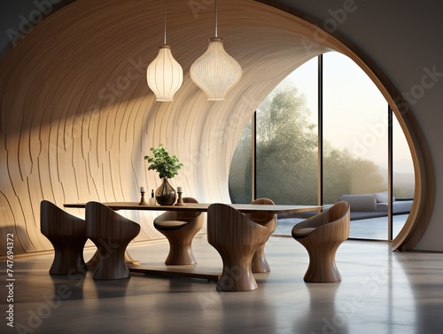 Minimalist interior design of modern dining room with abstract wood paneling arched wall.
