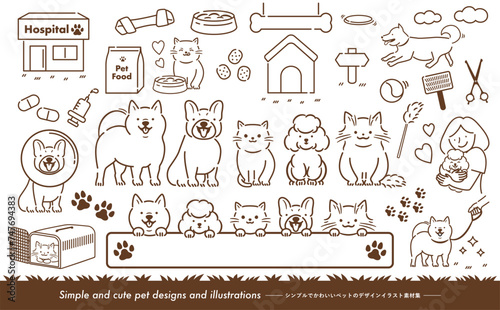 お散歩や走る姿・飼い主と一緒の犬・猫・ペットのかわいい手書き線画のベクターイラストセット_モノトーン