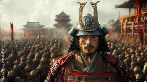 4K HD video clips  a samurai general is leading a large army of soldiers to attack the castle. photo