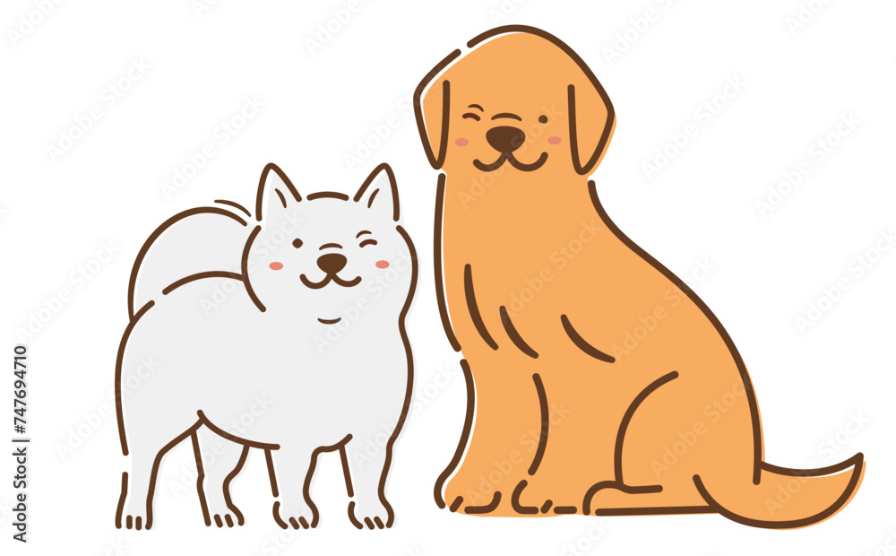 笑顔で笑う2匹の犬のおすわりしているかわいい全身のペット・動物イラスト_白バック 笑顔で笑う2匹の犬のおすわりしているかわいい全身のペット・動物イラスト_白バック