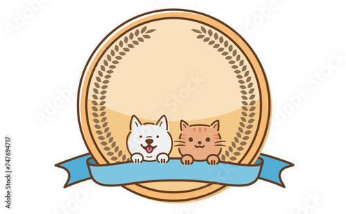 金賞受賞・ランキングなどのデザインに使える犬猫と金メダルとリボンが描かれたかわいいイラスト素材