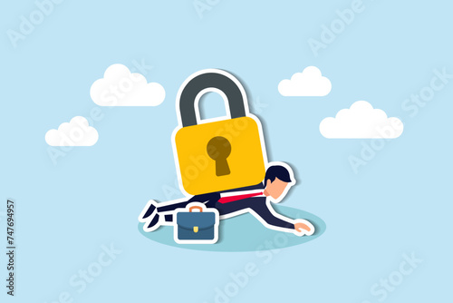 Business closure due to crisis leads to unemployment, debt, and potential bankruptcy concept, depressed dying businessman entrepreneur under heavy lock pad burden.