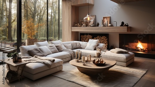 White corner sofa near fireplace. Scandinavian home interior design of modern living room
