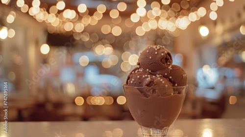 eye level, a bowl of chocolate ice cream, bokeh lights 