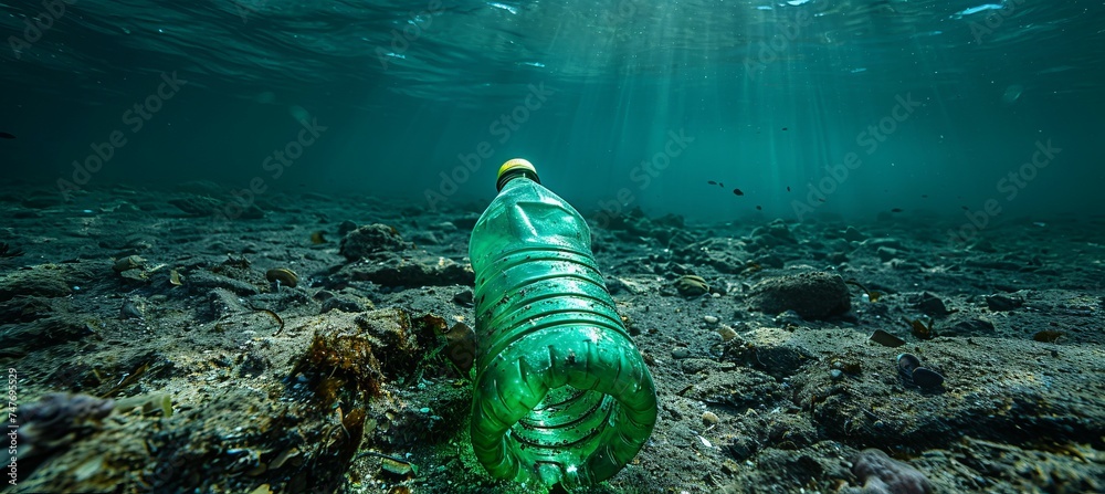 Green plastic bottle trash on deep ocean. Environment waste polluted damage. Generative AI technology. - obrazy, fototapety, plakaty 