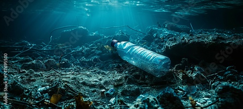 Plastic bottle trash pollution on deep ocean. Generative AI technology.