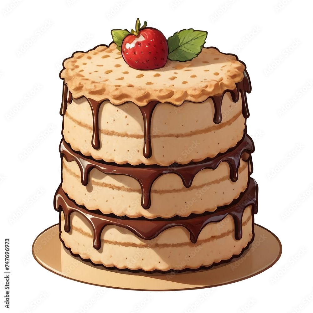 Biscuit cake, a cake with chocolate icing and a strawberry on top, pop art, fantasy sticker illustration, stacked image, apple pie, high detail illustration Biscuit cake, a cake with chocolate icing and a strawberry on top, pop art, fantasy sticker illustration, stacked image, apple pie, high detail illustration