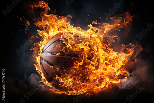 burning basketball ball on fire is flying on black background. Sport burn element concept © alexkoral