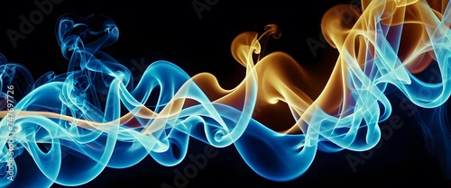 A dynamic dance of blue and orange smoke captivates the eye, creating an abstract expression of movement and harmony. The fluidity of the smoke trails offers a visual poetry in motion.
