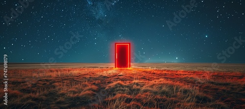 Red glowing door at night field open space. Generative AI technology.