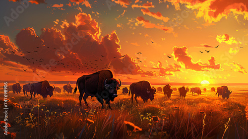 Sunset Over Bison Herd on the Great Plains