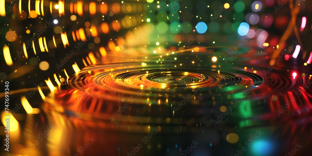 Davisson-Germer Experiment: Electron Diffraction Revelation, Brightly colored circles of light shine brightly in a dark room Davisson-Germer Experiment: Electron Diffraction Revelation, Brightly colored circles of light shine brightly in a dark room