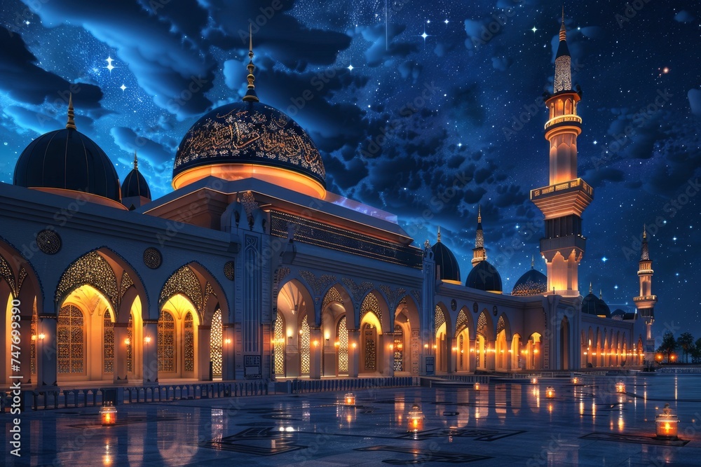 Glowing mosque with night background, copy space - generative ai - obrazy, fototapety, plakaty 