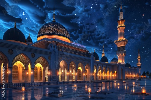 Glowing mosque with night background, copy space - generative ai photo