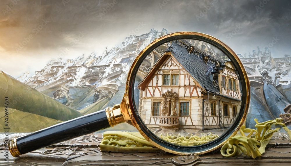 magnifying glass on the background of the sky, magnifying glass on the roof of house, Real estate to buy and invest in. House searching concept with magnifying glass. Hunt for new house, Searching new - obrazy, fototapety, plakaty 