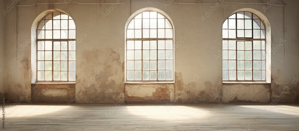 An empty room featuring three windows and a wooden floor. The windows allow natural light to illuminate the space, while the wooden floor adds warmth and character to the room.